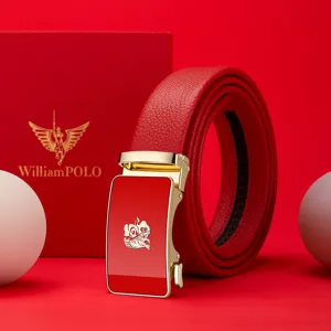 Cintura uomo in vera pelle rossa con fibbia automatica dorata e lussuosa confezione