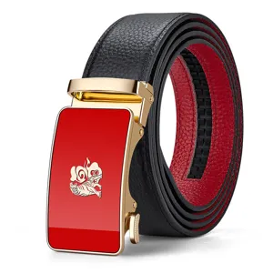 Stilosissima cintura automatica da uomo in vera pelle nera e rossa con bel motivo tigre.