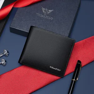 WilliamPOLO cartera corta de cuero genuino para hombre clasico tarjetero negro caja de regalo
