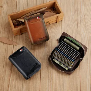 Tarjetero de cuero genuino vintage para hombre cartera con cremallera y multiples ranuras
