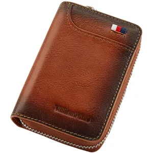 Tarjetero de cuero genuino para hombre retro vintage monedero con cremallera marrón