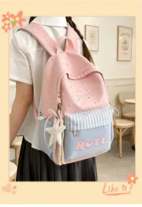 Zaino scolastico rosa e blu carino per ragazze con motivo a stelle, borsa per libri casual.