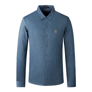 Men's Business Casual Long Sleeve Stripe Shirt Turn-Down Collar Single-Breasted Regular Fit Men Shirt Tops
