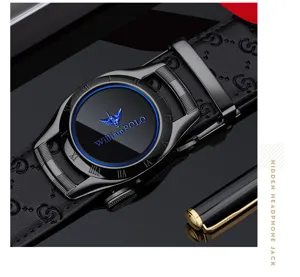 Detailansicht des luxuriösen Herren Leder Automatikgürtels mit stilvollem Zifferblatt-Design.