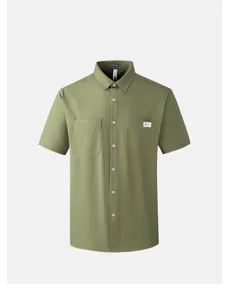 Men's cotton short sleeve casual shirt in military green with dual pockets detail.