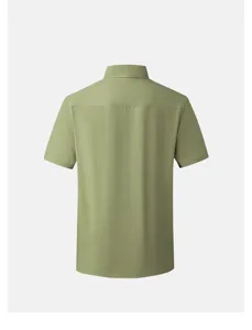 Men's green short sleeve button up shirt casual summer turn down collar basic solid top