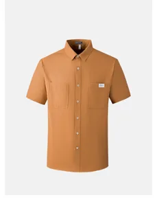 Men's solid color short sleeve cotton casual shirt with chest pockets and lapel collar for summer.