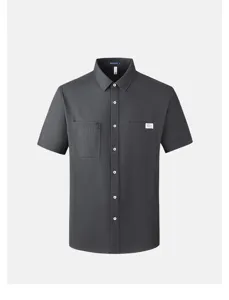 Men's short sleeve casual cotton shirt solid color lapel button down summer top