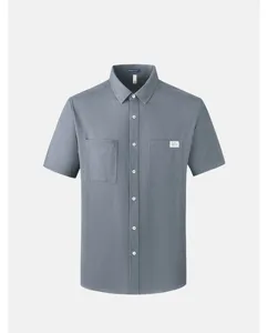 Men's casual short sleeve solid color button down cotton shirt with dual chest pockets grey