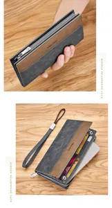 Monedero largo de hombre con correa, diseño de cuero bicolor, ranuras para tarjetas y cremallera.