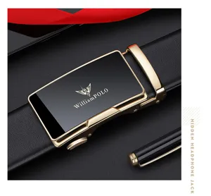 Detail shot of men's genuine leather automatic buckle belt with sleek alloy hardware.