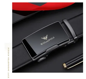 Detail view of men luxury leather belt with automatic alloy buckle and classic black finish.