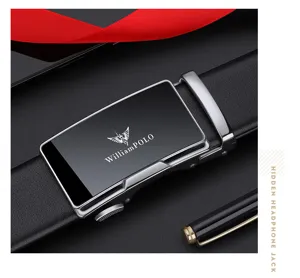Men's luxury leather belt with automatic metal buckle, classic business casual design detail.