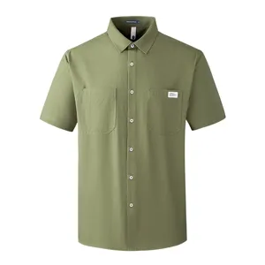 Men's Casual Cotton Shirt Turn-Down Collar Short Sleeve Solid Color Business Button-Up Shirt Summer Men Clothing