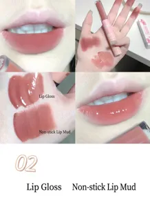 Λεπτομερής απεικόνιση δειγμάτων από lip gloss διπλής όψης και matte lip mud με υφή.