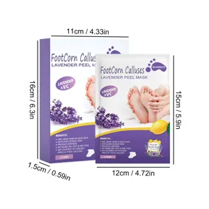 Masque exfoliant pour les pieds à la lavande Westmonth avec dimensions et emballage clair.