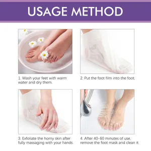 Image de détail d'instruction d'utilisation de masque pour les pieds à la lavande, quatre étapes.