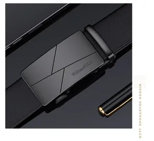 Cinturón de hombre negro WilliamPOLO de cuero genuino con hebilla automática de metal elegante.