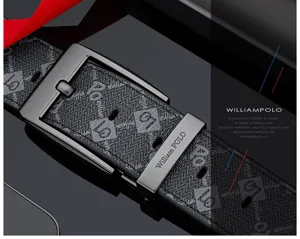 Men's premium leather belt detail view, metal pin buckle closeup, stylish patterned strap.