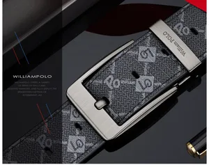 Men's leather belt detail view, exquisite pin buckle and textured pattern surface design.