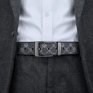 Men's leather belt with classic pin buckle and stylish patterned strap for business wear.
