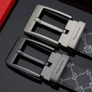 Men's leather belt with metal pin buckle and stylish patterned strap for business casual wear.