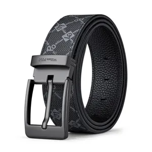 Men's leather belt with stylish pin buckle and classic pattern strap, perfect for business casual wear.