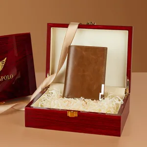 Herren Echtleder Kurze Geldbörse Kartenetui mit luxuriöser Holzgeschenkbox verpackt.