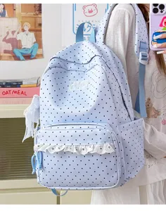 Cute light blue polka dot backpack with white lace trim, sweet style school bag for daily use.