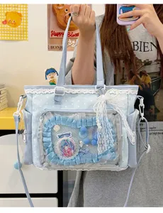 Sweet lolita ita bag clear shoulder messenger bag with lace bow anime pin display