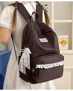 Korean style polka dot backpack sweet college cute school bag with lace trim and pearls.