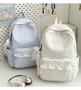 Korean style polka dot student backpack with cute lace ruffles, casual travel bookbag for girls.