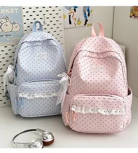 Korean ins polka dot school backpack, cute student travel rucksack with lace trim.