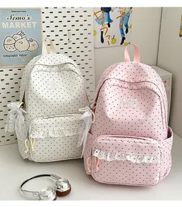 Detailed view of sweet college style polka dot backpack with delicate lace ruffles and pockets.