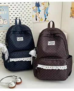 Korean ins college style polka dot backpack with lace ruffles for cute student travel.