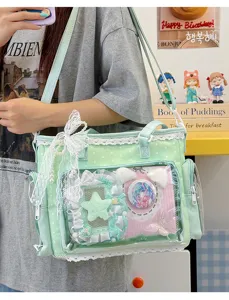 Large capacity canvas ita bag with clear window, cute lace trim and shoulder strap.