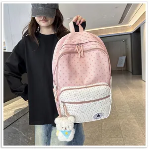 Leuke Koreaanse roze sterren rugzak met schattige berenhanger voor school en reizen.