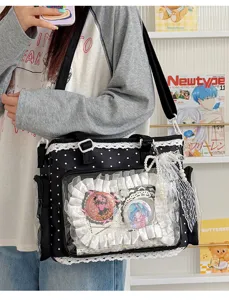 Black polka dot lace ita bag transparent shoulder crossbody bag large capacity anime badge purse