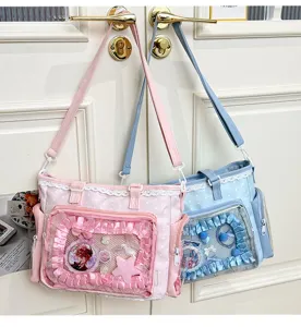 Detail view of sweet style transparent Ita shoulder bag with lace trim and clear display pocket.