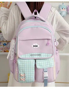 Joli sac à dos scolaire à carreaux violet pastel et bleu pour filles, grande capacité jour
