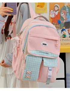 Joli sac à dos scolaire rose à carreaux pour filles, grand sac de cours décontracté tendance