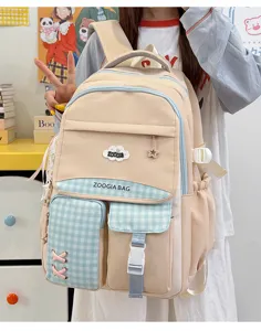 Sac à dos en toile style dopamine mignon avec poches à carreaux, grand sac d'école pour filles.