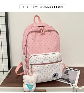 Koreaanse schattige sterren print rugzak met beerhanger, grote capaciteit casual reis en schooltas.