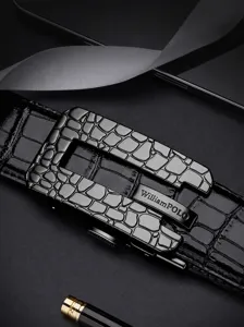 Men's genuine leather automatic buckle belt with stylish crocodile pattern texture for daily wear.
