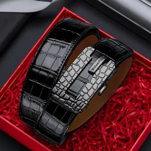 Men's automatic buckle leather belt with crocodile pattern in red gift box, stylish black.