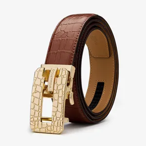 Men's genuine leather ratchet belt with automatic metal buckle and stylish crocodile pattern.