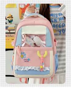 Cute Japanese style pink blue double shoulder school backpack pain bag with transparent window lace.