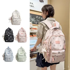 Korean style canvas school backpack for teen girls, cute printed casual daypack rucksack.