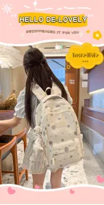 Korean style fresh printed canvas backpack with cute ribbon and star charms for student daily commute
