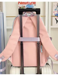 Pink blue travel backpack detail, luggage strap design, cute school bag for teens and students.